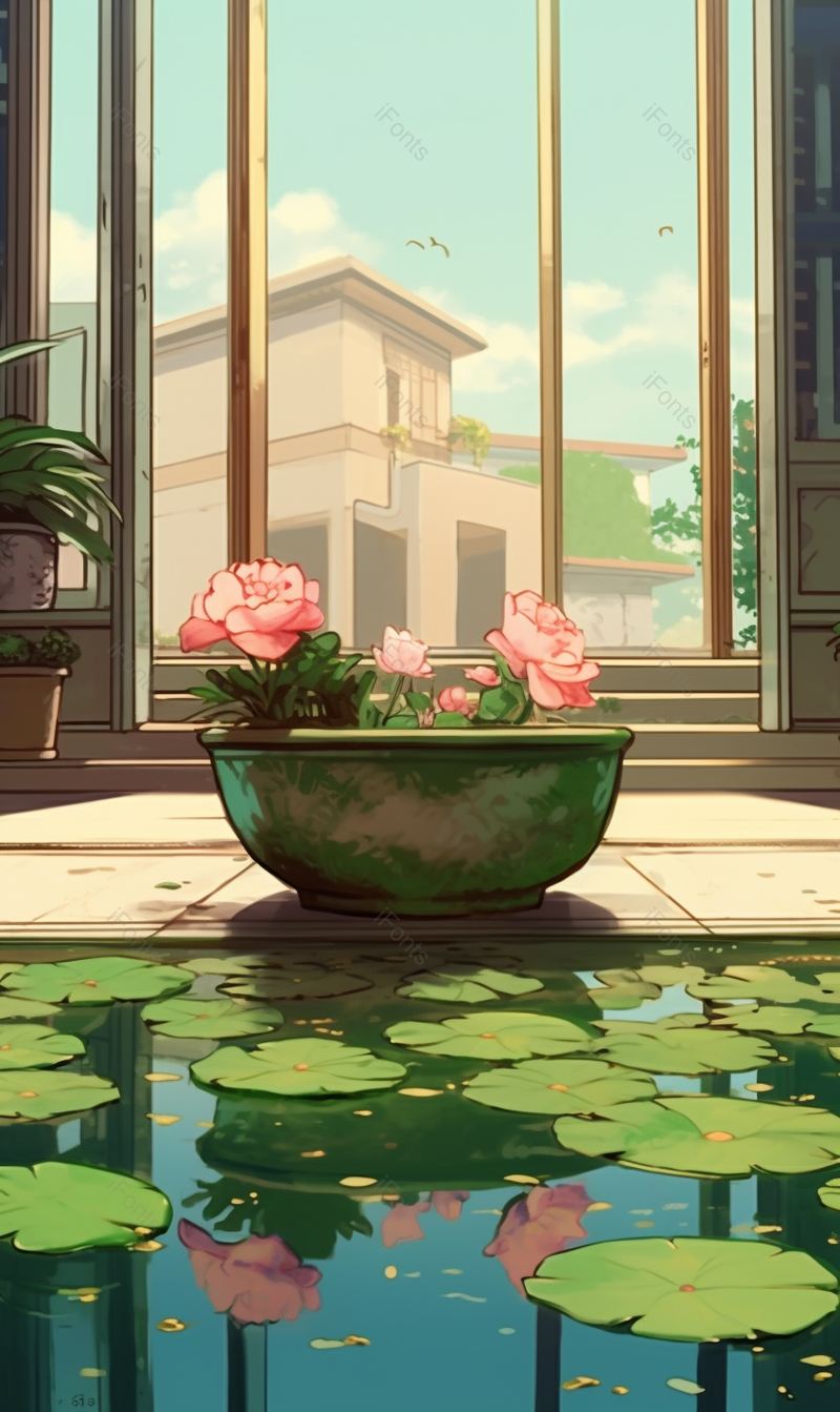 现代庭院夏日池塘池水荷花盛开荷叶清新水缸植物自然插画,插画/手绘图,插画/手绘图库,插画/手绘图下载,插画/手绘